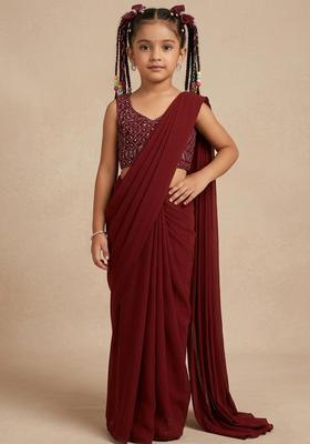 Girls Maroon Crepe Sequin Blouse Pre Draped Saree Set