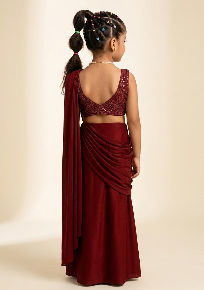 Girls Maroon Crepe Sequin Blouse Pre Draped Saree Set - Indya