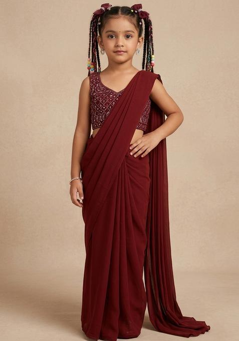 Girls Maroon Crepe Sequin Blouse Pre Draped Saree Set