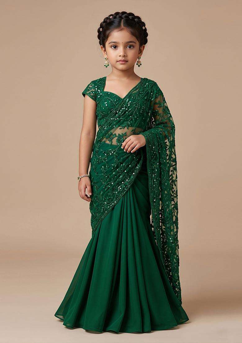 Girls Green Sequin Embroidered Net Pre Draped Saree Set - Indya
