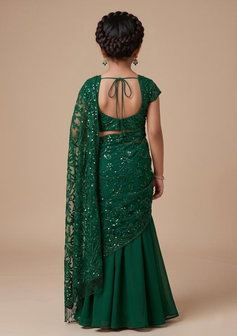 Girls Green Sequin Embroidered Net Pre Draped Saree Set - Indya