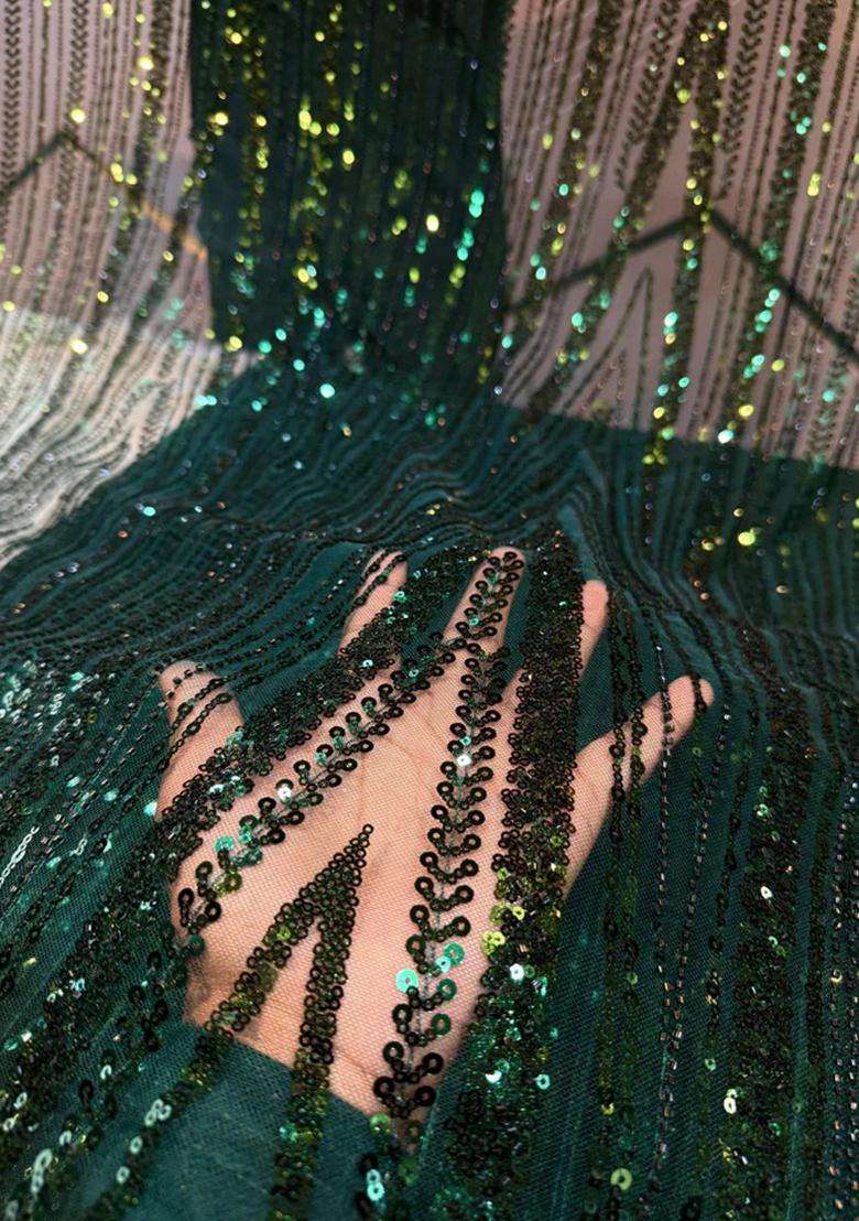 Girls Green Sequin Embroidered Net Pre Draped Saree Set - Indya