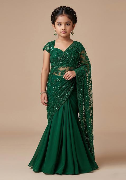 Girls Green Sequin Embroidered Net Pre Draped Saree Set
