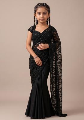 Girls Black Sequin Embroidered Net Pre Draped Saree Set