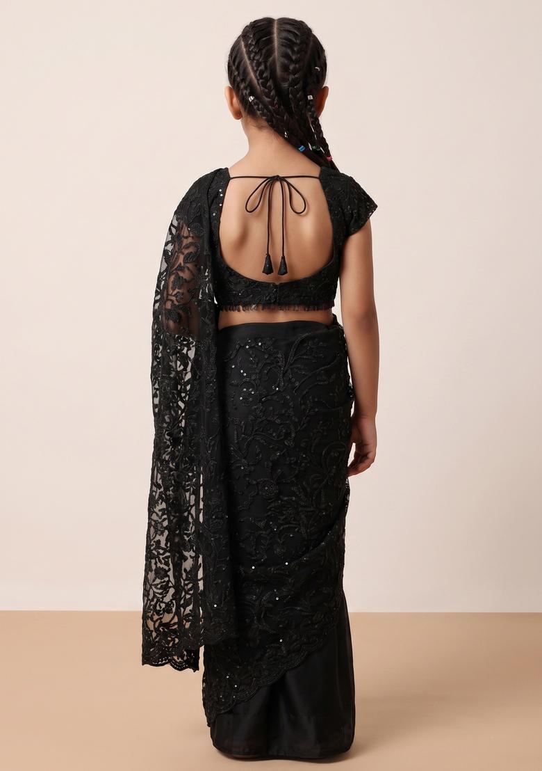 Girls Black Sequin Embroidered Net Pre Draped Saree Set - Indya