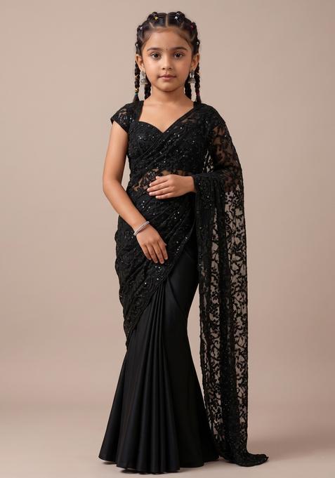Girls Black Sequin Embroidered Net Pre Draped Saree Set