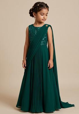 Girls Dark Turquoise Embellished Blouse Georgette Pre Draped Saree Set