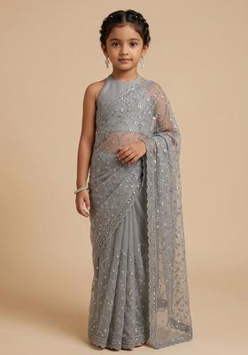 Girls Grey Sequin Embroidered Net Pre Draped Saree Set