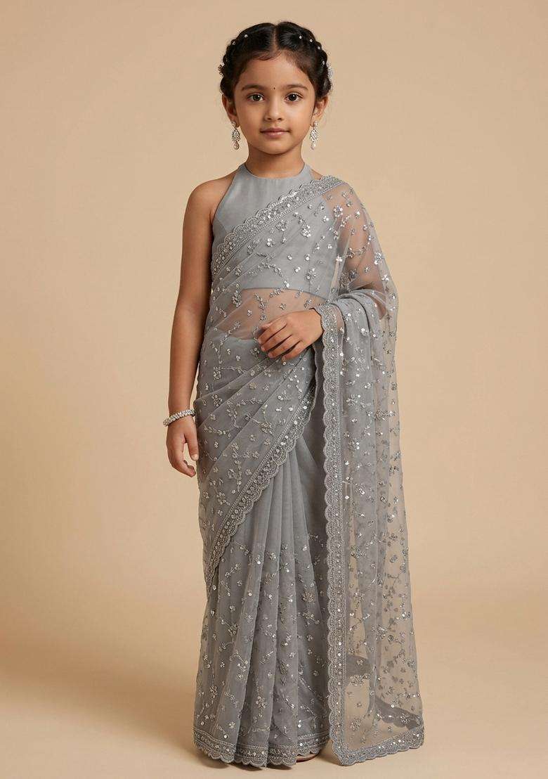 Girls Grey Sequin Embroidered Net Pre Draped Saree Set - Indya