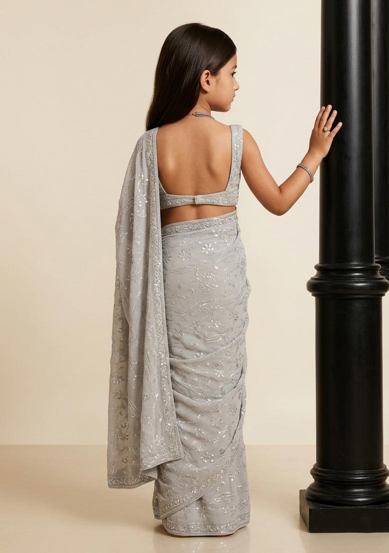 Girls Grey Sequin Embroidered Net Pre Draped Saree Set - Indya