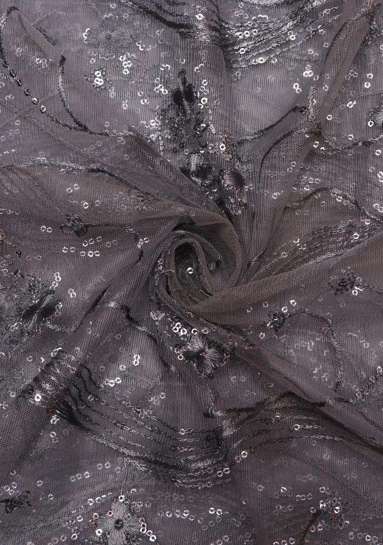 Girls Grey Sequin Embroidered Net Pre Draped Saree Set - Indya