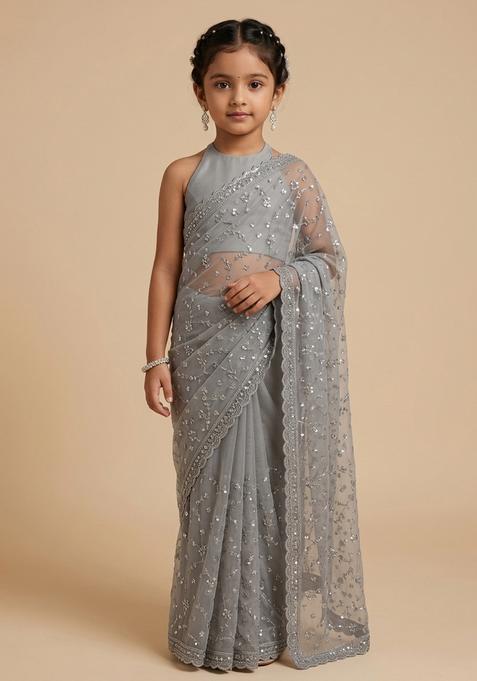 Girls Grey Sequin Embroidered Net Pre Draped Saree Set