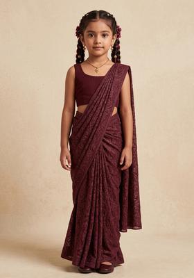 Girls Wine Self Design Lurex Knit Pre Draped Saree Set