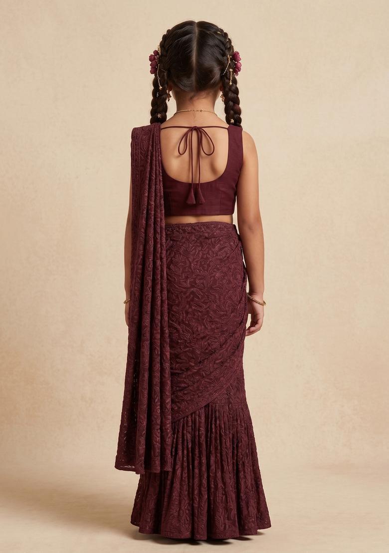 Girls Wine Self Design Lurex Knit Pre Draped Saree Set - Indya