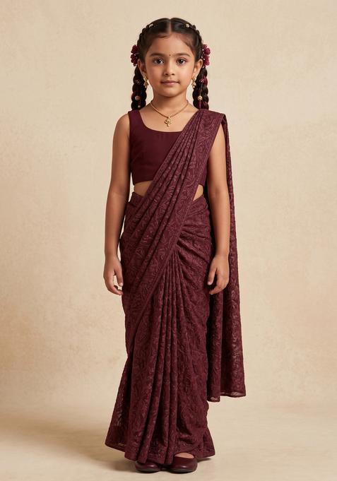 Girls Wine Self Design Lurex Knit Pre Draped Saree Set