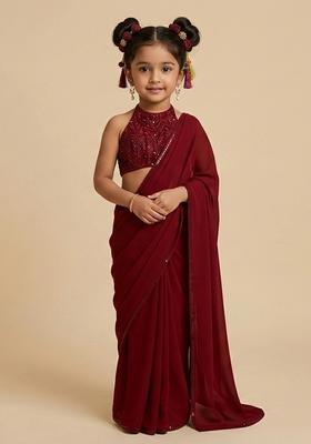 Girls Maroon Embroidered Blouse Chinon Chiffon Pre Draped Saree Set