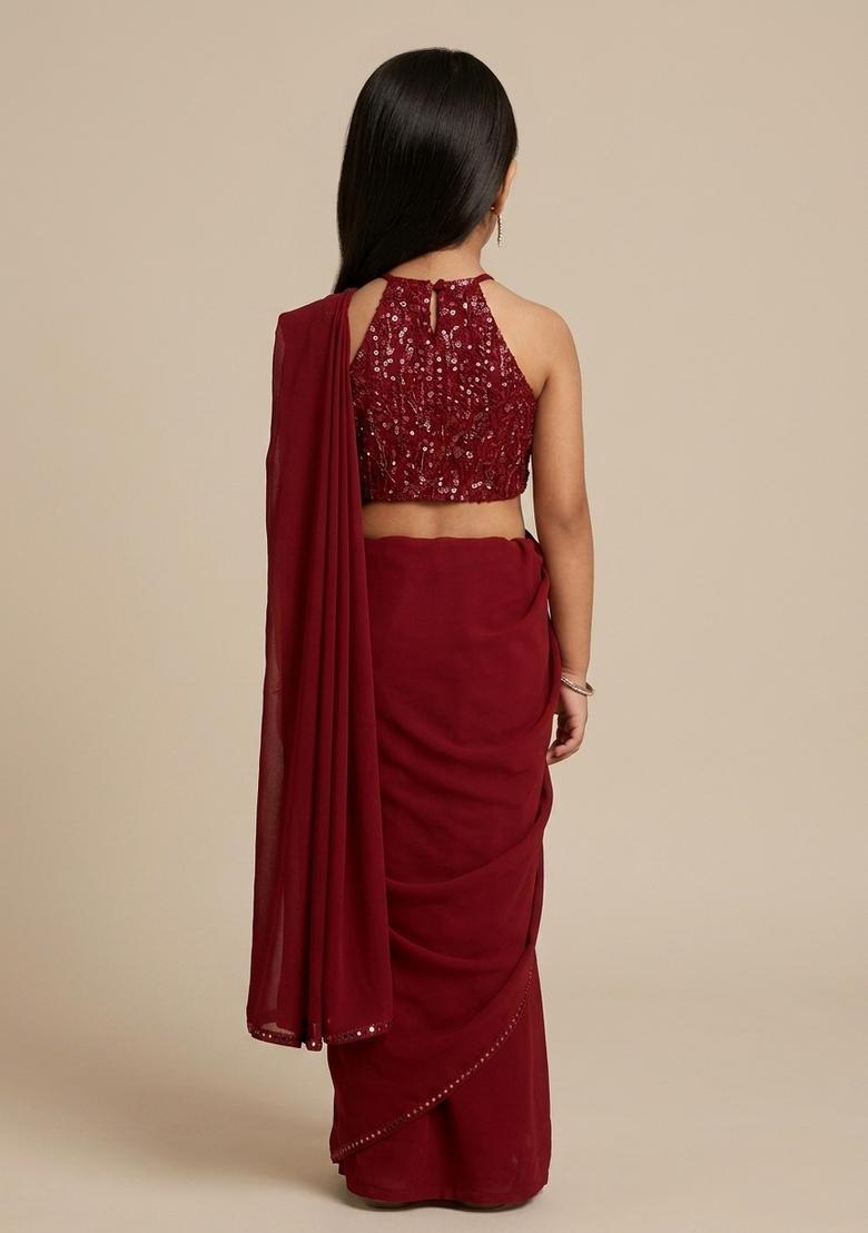 Girls Maroon Embroidered Blouse Chinon Chiffon Pre Draped Saree Set - Indya