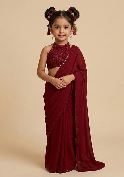 Girls Maroon Embroidered Blouse Chinon Chiffon Pre Draped Saree Set
