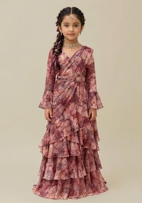 Girls Multicolor Printed Georgette Pre Draped Saree Set
