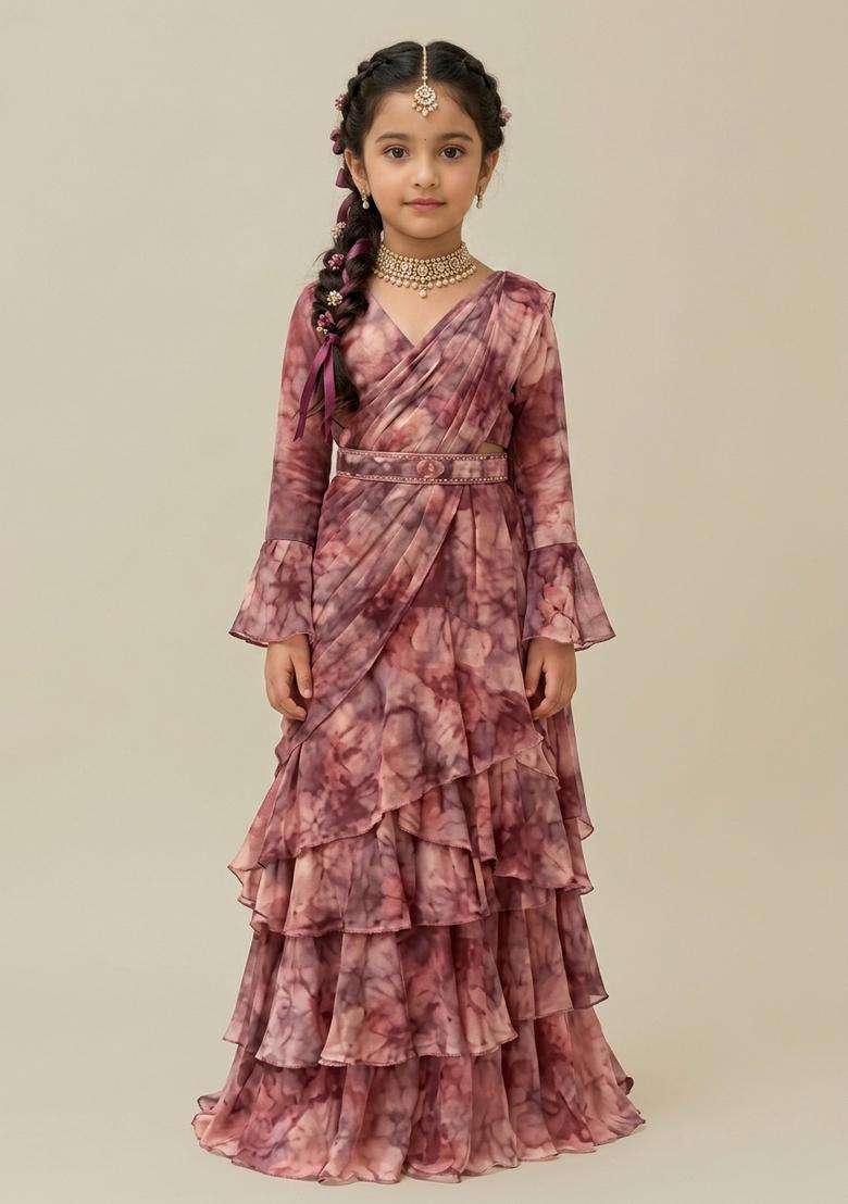 Girls Multicolor Printed Georgette Pre Draped Saree Set - Indya