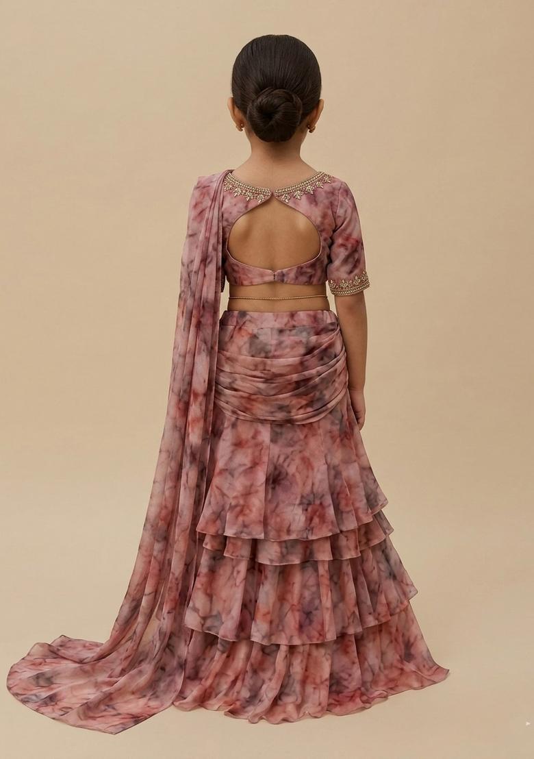 Girls Multicolor Printed Georgette Pre Draped Saree Set - Indya