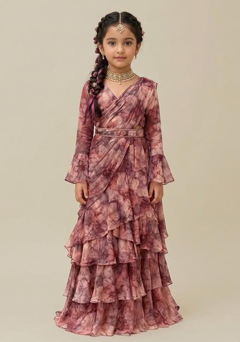 Girls Multicolor Printed Georgette Pre Draped Saree Set