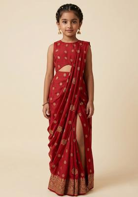 Girls Red Embroidered Silk Pre Draped Saree Set