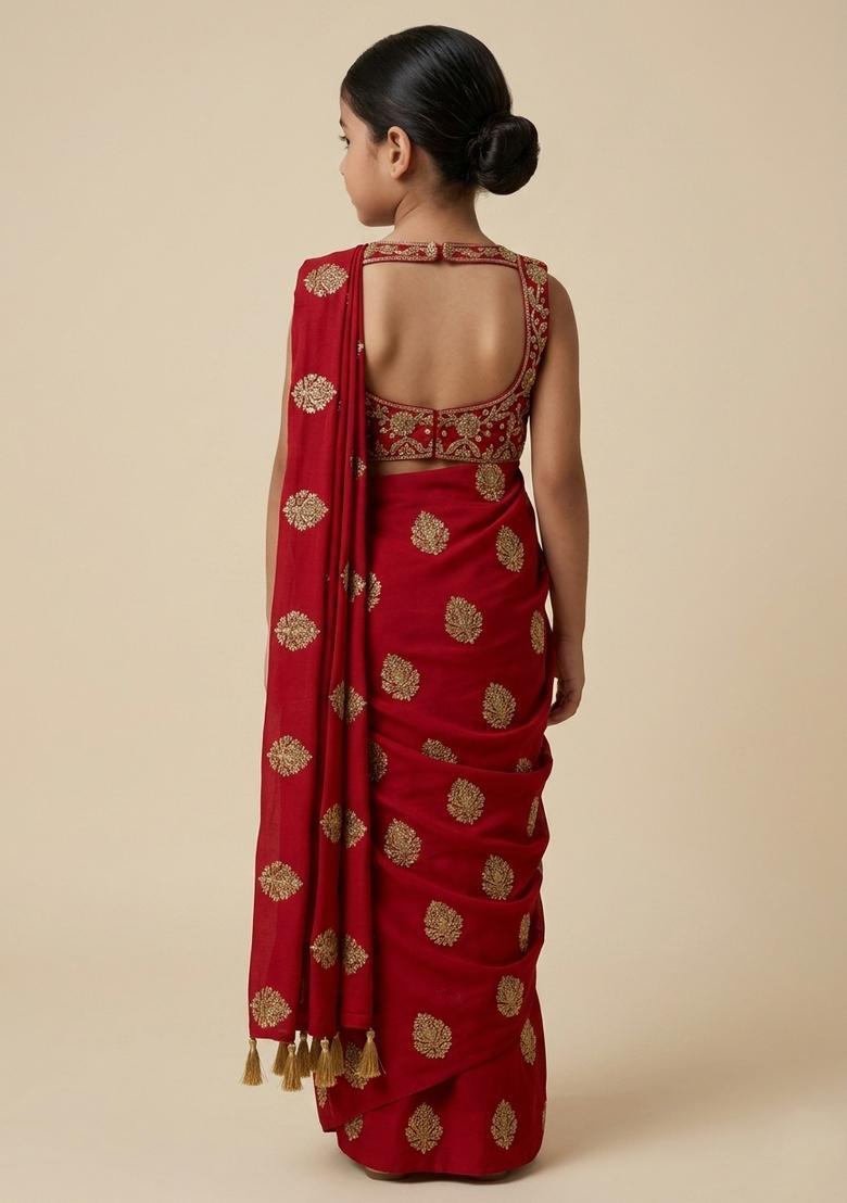 Girls Red Embroidered Silk Pre Draped Saree Set - Indya