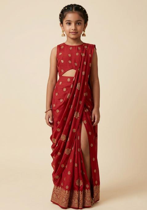 Girls Red Embroidered Silk Pre Draped Saree Set