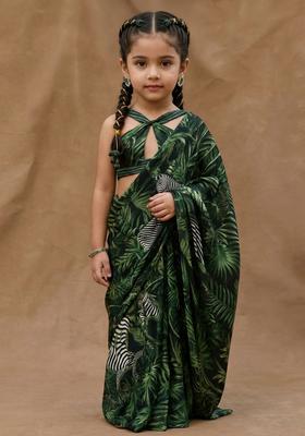 Girls Dark Green Printed Georgette Pre Draped Saree Set