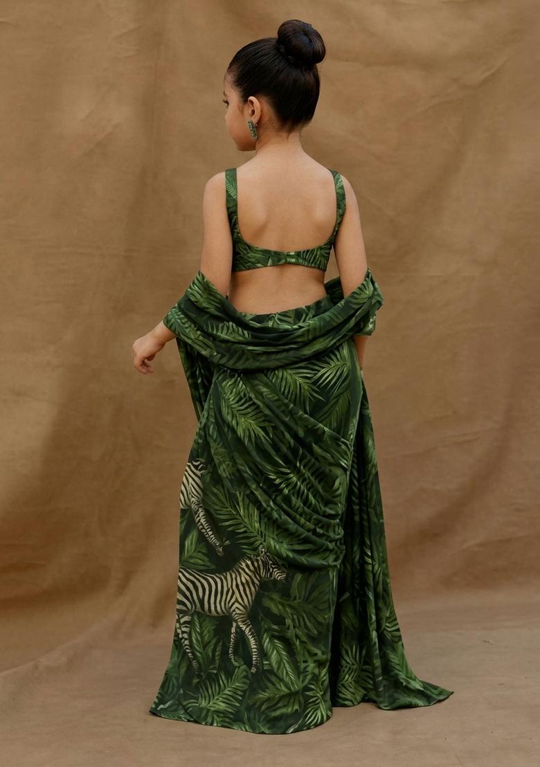 Girls Dark Green Printed Georgette Pre Draped Saree Set - Indya