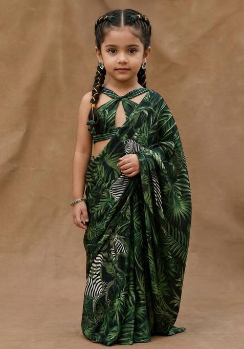 Girls Dark Green Printed Georgette Pre Draped Saree Set