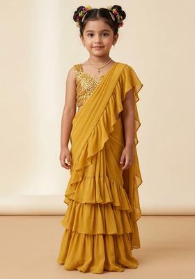 Girls Golden Sequin Blouse Georgette Pre Draped Saree Set