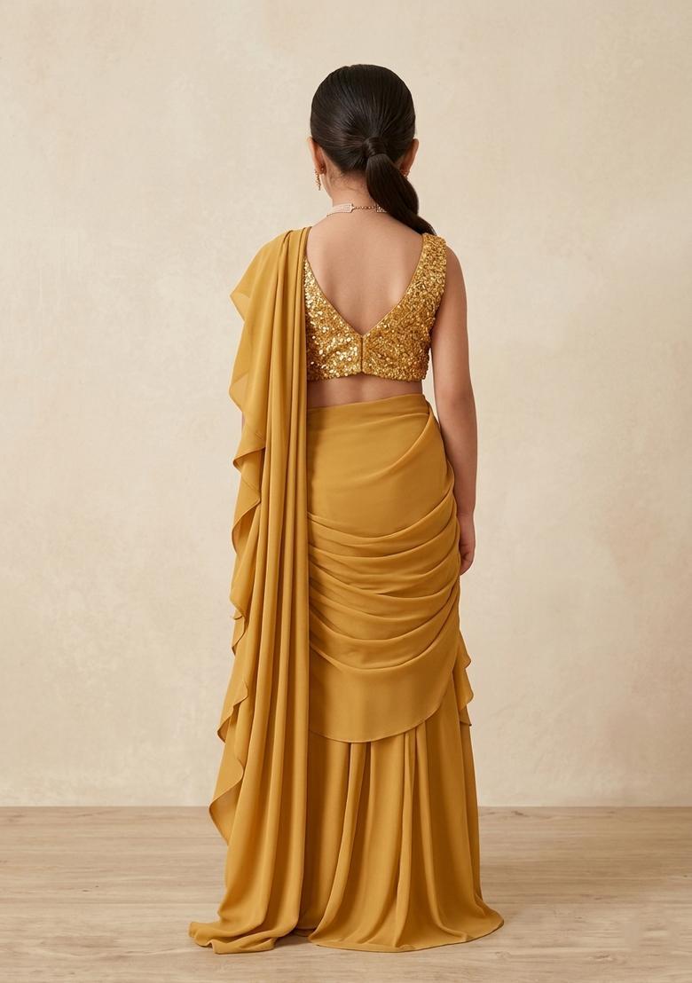 Girls Golden Sequin Blouse Georgette Pre Draped Saree Set - Indya