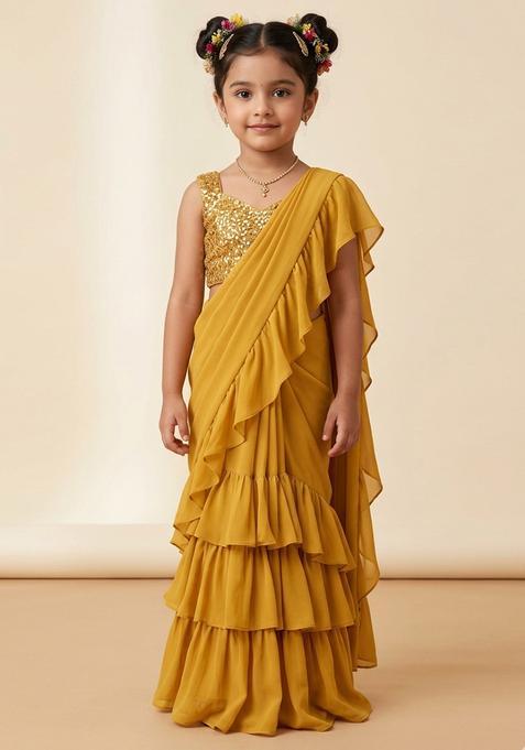 Girls Golden Sequin Blouse Georgette Pre Draped Saree Set