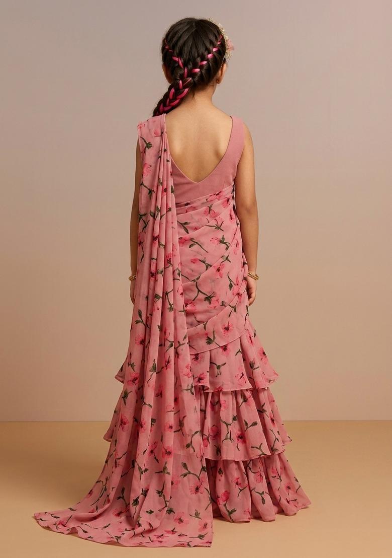 Girls Pink Printed Silk Pre Draped Saree Set - Indya