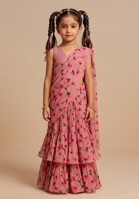 Girls Pink Printed Silk Pre Draped Saree Set