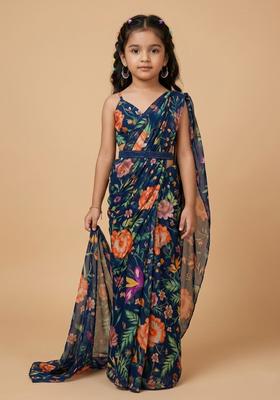 Girls Blue Printed Pre Draped Saree Set