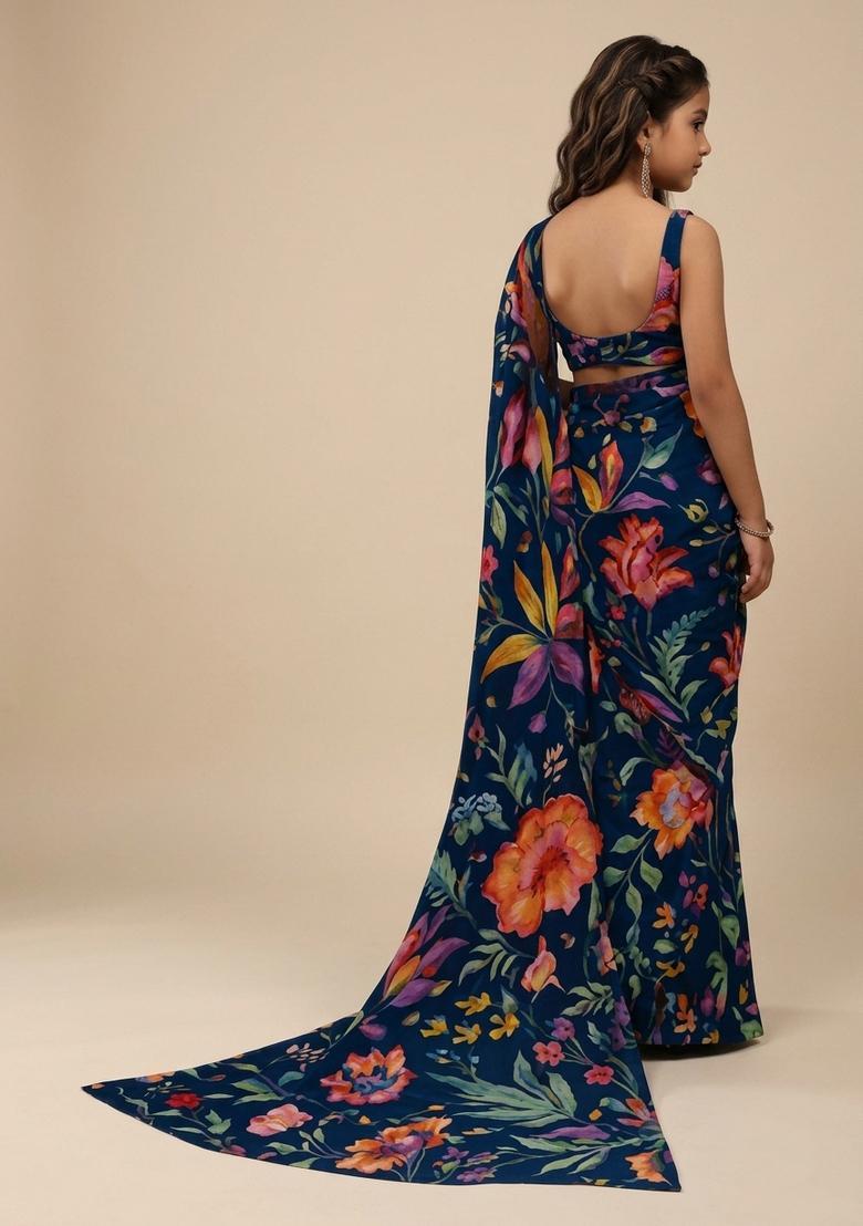 Girls Blue Printed Pre Draped Saree Set - Indya