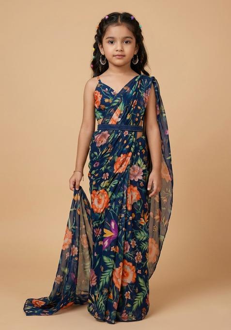 Girls Blue Printed Pre Draped Saree Set