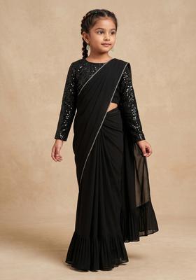 Girls Black Embellished Georgette Pre Draped Saree Set