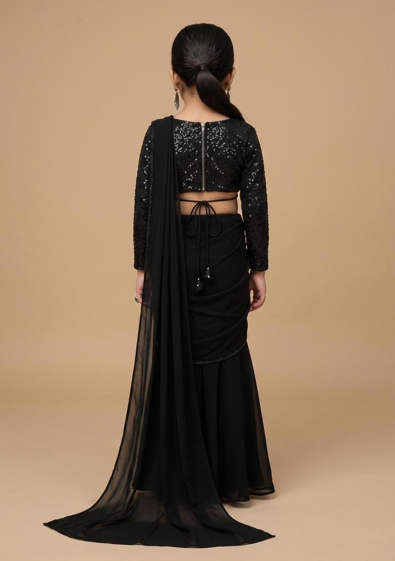 Girls Black Embellished Georgette Pre Draped Saree Set - Indya