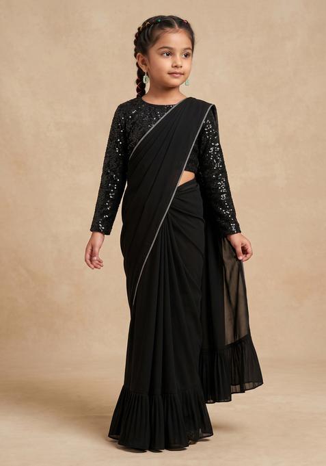 Girls Black Embellished Georgette Pre Draped Saree Set