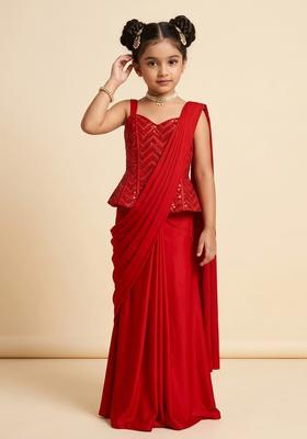 Girls Red Embroidered Net Pre Draped Saree Set
