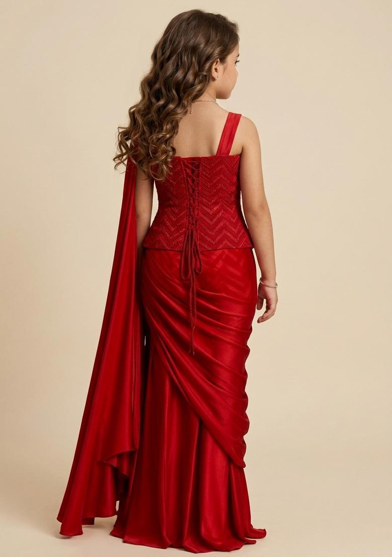 Girls Red Embroidered Net Pre Draped Saree Set - Indya