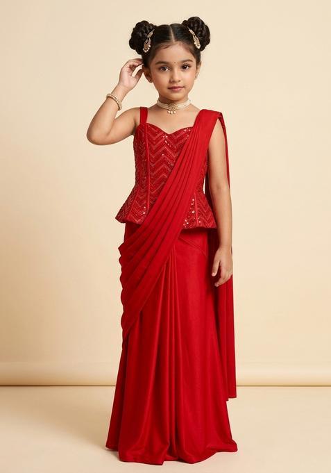 Girls Red Embroidered Net Pre Draped Saree Set