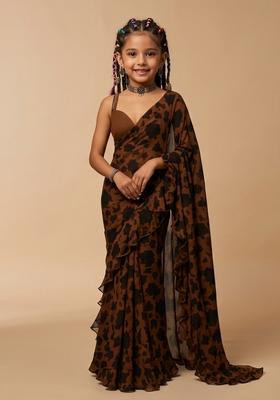 Girls Rust Floral Print Georgette Pre Draped Saree Set