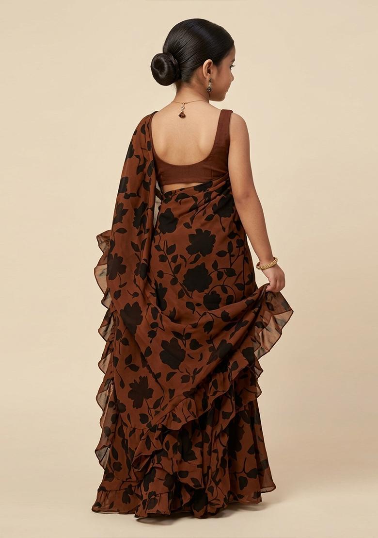 Girls Rust Floral Print Georgette Pre Draped Saree Set - Indya