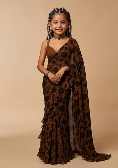 Girls Rust Floral Print Georgette Pre Draped Saree Set