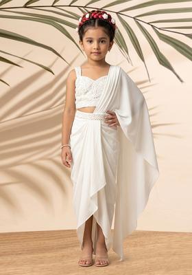Girls White Embellished Blouse Georgette Pre Draped Saree Set